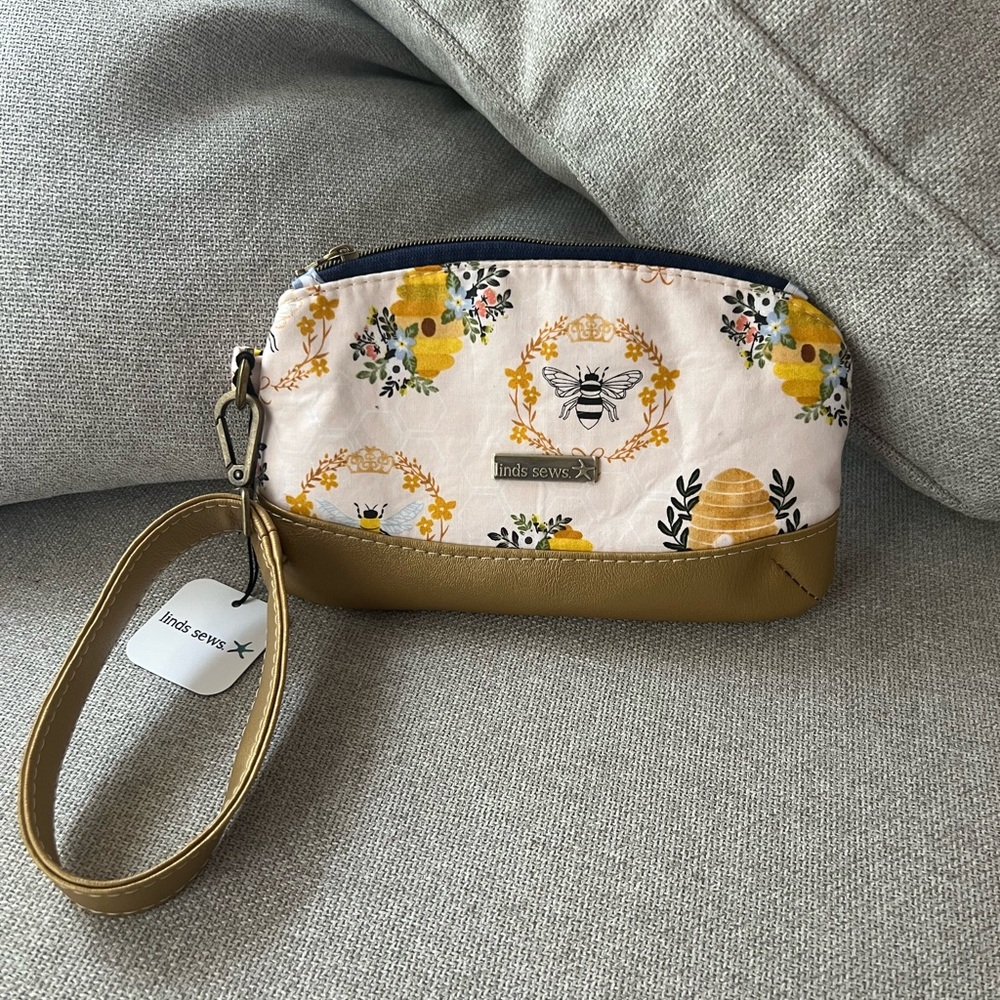 Floral Wristlet Clutch - Gold Faux Leather with Bees and a Blue and White Lining